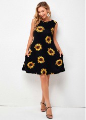 Sunflower Print Round Neck Sleeveless Dress