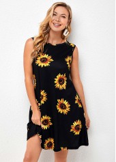 Sunflower Print Round Neck Sleeveless Dress