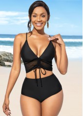 Spaghetti Strap High Waist Center Shirred Bikini Set 