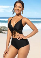 Spaghetti Strap High Waist Center Shirred Bikini Set 