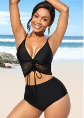 Spaghetti Strap High Waist Center Shirred Bikini Set 
