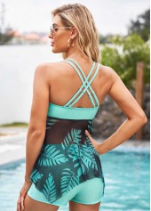 Cross Strap Leaf Print Asymmetric Hem Tankini Set