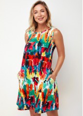 Printed Multi Color Round Neck A Line Dress