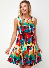 Printed Multi Color Round Neck A Line Dress