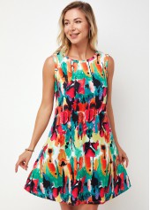 Printed Multi Color Round Neck A Line Dress