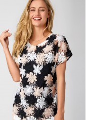 Short Sleeve Lace V Neck T Shirt