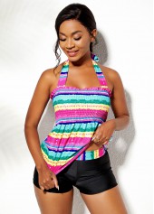 Shirred Rainbow Stripe Tie Back Tankini Set 