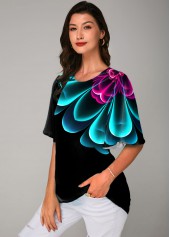 Round Neck Colorful Printed Ruffle Sleeve T Shirt