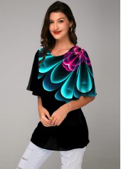 Round Neck Colorful Printed Ruffle Sleeve T Shirt