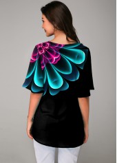 Round Neck Colorful Printed Ruffle Sleeve T Shirt