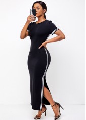 Round Neck Double Slit Striped Dress 