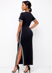 Round Neck Double Slit Striped Dress 