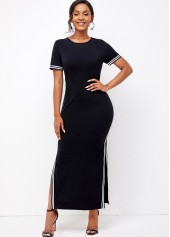 Round Neck Double Slit Striped Dress 