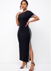 Round Neck Double Slit Striped Dress 