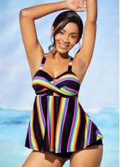 Wide Strap Cross Front Rainbow Stripe Tankini Set