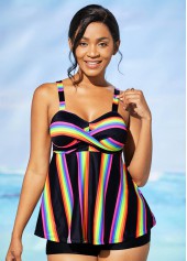 Wide Strap Cross Front Rainbow Stripe Tankini Set