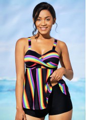 Wide Strap Cross Front Rainbow Stripe Tankini Set