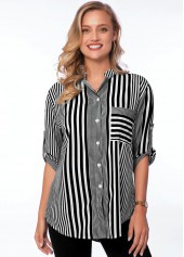Striped Pocket Turndown Collar 3/4 Sleeve Blouse