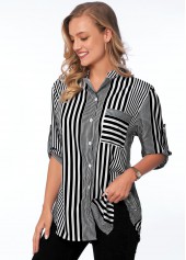 Striped Pocket Turndown Collar 3/4 Sleeve Blouse