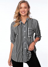 Striped Pocket Turndown Collar 3/4 Sleeve Blouse