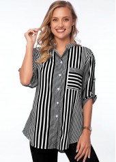 Striped Pocket Turndown Collar 3/4 Sleeve Blouse