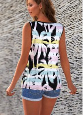 Rainbow Stripe Cross Strap Tropical Print Tank Top