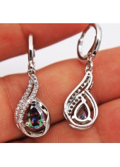 Water Drop Detail Rhinestone Silver Earrings