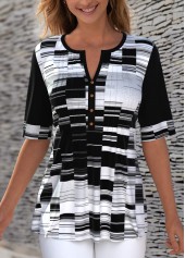 Contrast Split Neck Geometric Print T Shirt