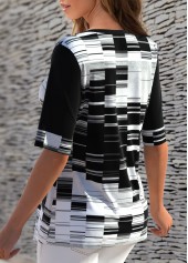 Contrast Split Neck Geometric Print T Shirt