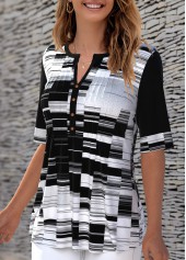 Contrast Split Neck Geometric Print T Shirt