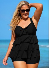 Layered Hem Solid Bowknot Plus Size Swimdress and Shorts