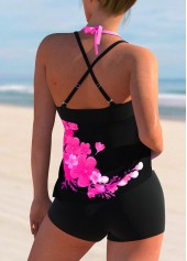 Halter Floral Print Cross Strap Tankini Set
