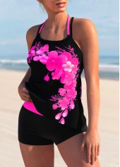 Halter Floral Print Cross Strap Tankini Set