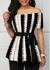 Boat Neck Short Sleeve Striped Blouse