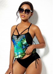 Spaghetti Strap Drawstring Side Leopard Tankini Set