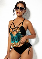 Baroque Print Drawstring Side Spaghetti Strap Tankini Set