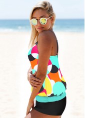 Spaghetti Strap Multi Color Geometric Print Tankini Set
