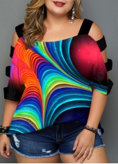 Colorful Printed Ladder Cutout Plus Size T Shirt