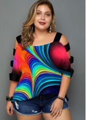 Colorful Printed Ladder Cutout Plus Size T Shirt
