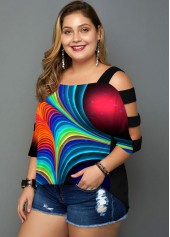 Colorful Printed Ladder Cutout Plus Size T Shirt