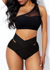 Solid Mesh Stitching High Waist Bikini Set
