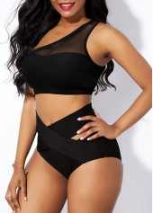Solid Mesh Stitching High Waist Bikini Set