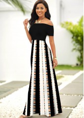 Contrast Striped Off Shoulder Short Sleeve Dress