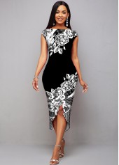 Asymmetric Hem Floral Print Cap Sleeve Dress 