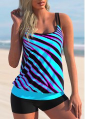 Double Straps Cyan Striped Tankini Set 