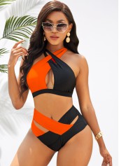 High Waisted Orange Color Block Bikini Set