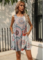 Printed Round Neck Double Pocket Dress