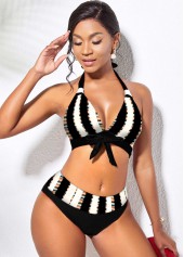 Mid Waist Bowknot Halter Striped Bikini Set