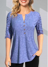 Crinkle Chest Lace Stitching Split Neck T Shirt