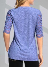 Crinkle Chest Lace Stitching Split Neck T Shirt